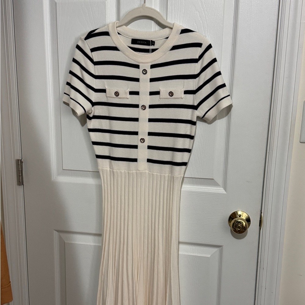 NWT Cream and Black Striped Midi Dress